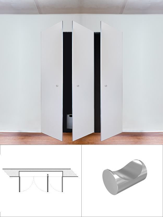 Armoire 3 vantaux avec disposition 2 vantaux à gauche et 1 vantail à droite avec ouverture à droite avec aimantée (avec bouton)