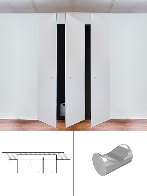 Armoire 3 vantaux avec disposition 2 vantaux à gauche et 1 vantail à droite avec ouverture à droite avec aimantée (avec bouton)