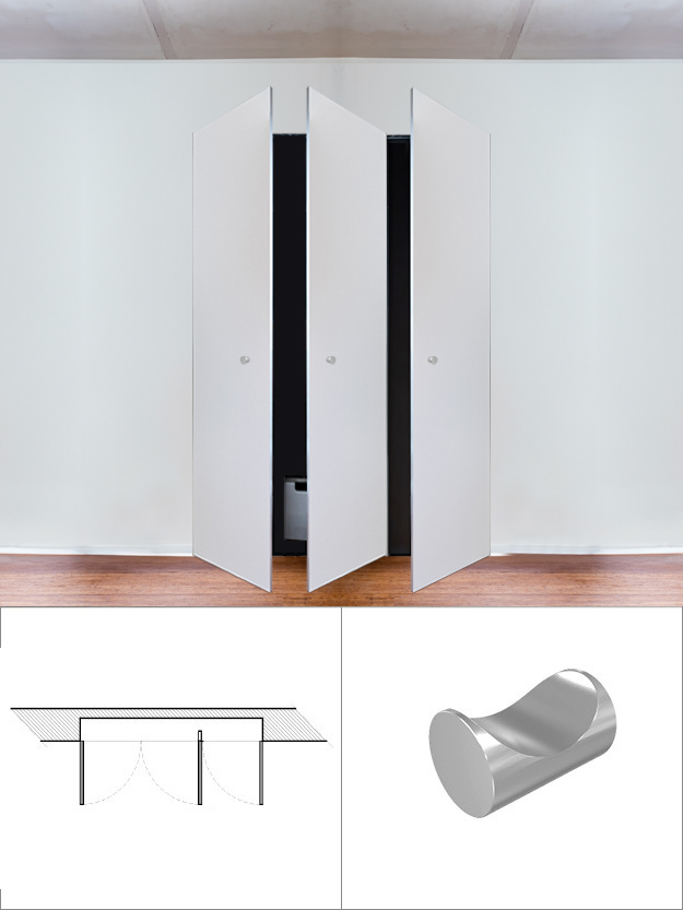 Armoire 3 vantaux avec disposition 2 vantaux à gauche et 1 vantail à droite avec ouverture à droite avec aimantée (avec bouton)